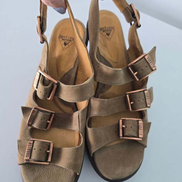 John Fluevog Sunny Tan Nubuck Leather Strappy Buckle Sandal Heeled 11 - Picture 6 of 11